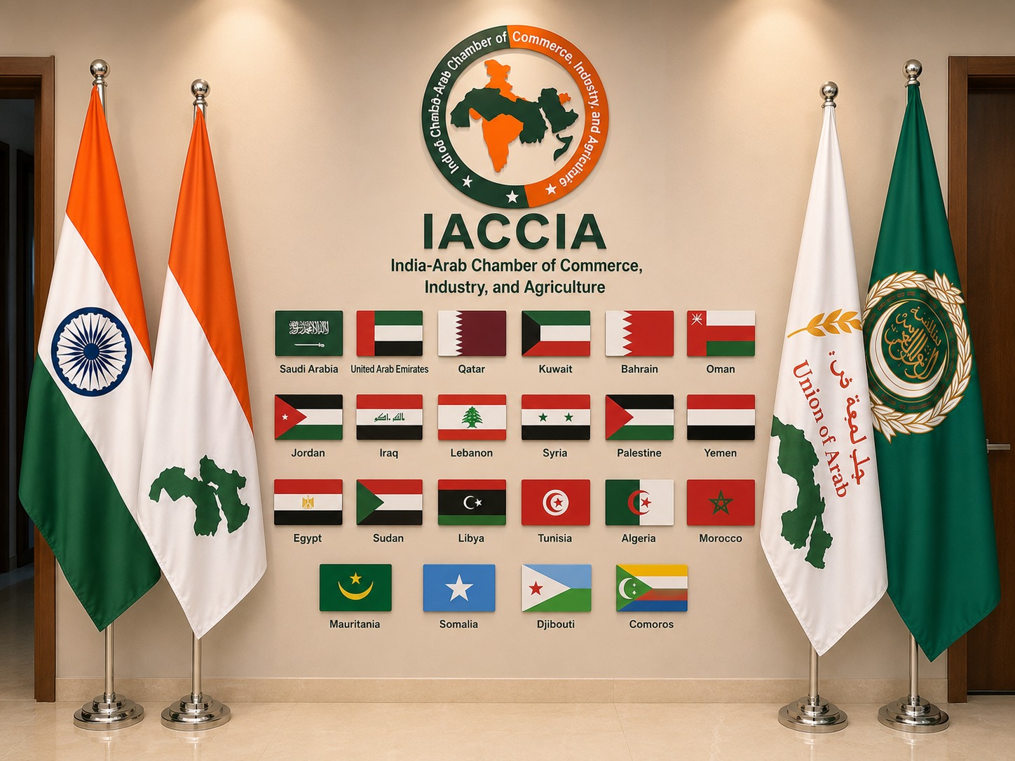 IACCIA — the India–Arab Chamber emblem with the Indian flag, the Union of Arab Chambers, and the flags of all 22 Arab League nations